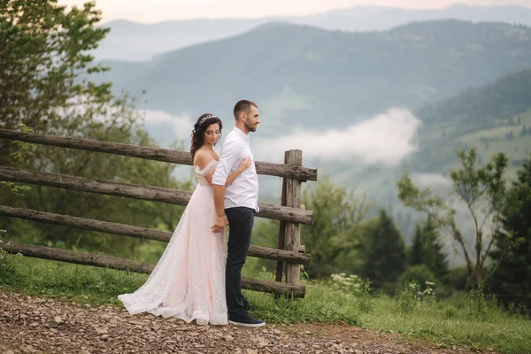 A noiva encantadora abraça o seu belo noivo nas montanhas. Caminhada de casal de casamento bonita. Gackground verde — Fotografia de Stock