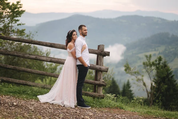 Bájos menyasszony ölelés neki jóképű vőlegény a hegyekben. Gyönyörű esküvő pár séta. Zöld gackground — Stock Fotó