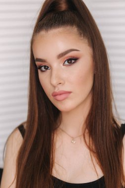 Çilleri ile güzel redhead modeli. Beyaz katlanır ekranın arka planı. Akşam kadın için makyaj