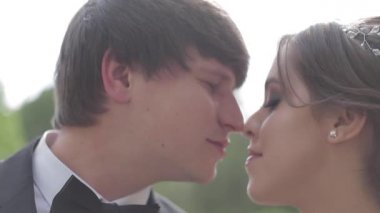 Parkta yakışıklı damat ile güzel beyaz gelinlik Elegand gelin. Yeşil arka plan