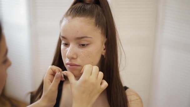 Make-up Artist werkt met model in Beauty Studio. Mode maken voor elegante Redhead model zonder make-up. Start — Stockvideo