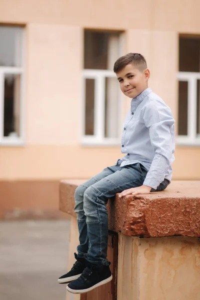 Lindo chico en camisa de pie en frente de la escuela — Foto de Stock