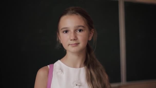 Een jong meisje op school. Mooie vrouwelijke stand voor schoolbord — Stockvideo