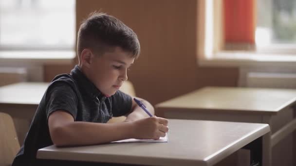 Niño y niña sentados en el escritorio y escribiendo un texto — Vídeos de Stock