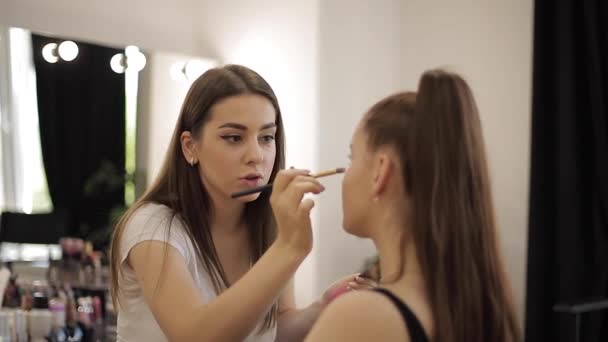 Make-up artiest werkt in haar Beauty Studio. Vrouw solliciteren door professionele make-up master. Mooie make-up artiest Maak een make-up voor Redhead model met sproeten. Ze gebruikt een palet — Stockvideo