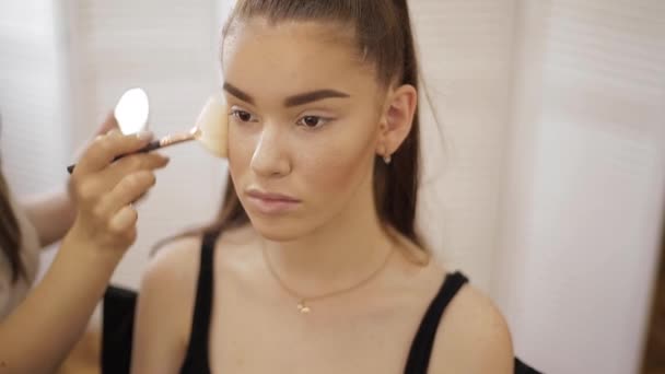 Maquillaje artista aplica sombra de ojos, maquillaje de noche perfecto. Chica pelirroja de belleza con la piel perfecta y pecas — Vídeo de stock