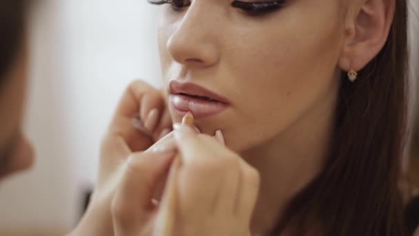 Makeup artist applies lipstick. Hand of make-up master, painting lips of young beauty redhead model. Make up in process. Closeup view. video — Stock Video