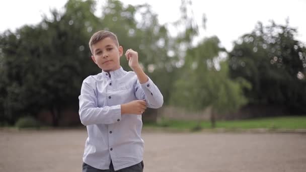 Un chico con camisa en el patio trasero de la escuela. Niño feliz. — Vídeos de Stock