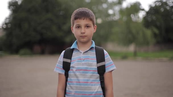 Mignon petit garçon avec sac à dos rentrer à la maison après la classe de scholl — Video