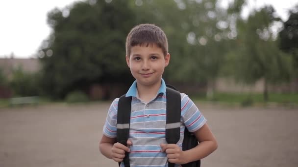 Menino bonito com mochila ir para casa depois da aula — Vídeo de Stock