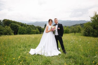 Damat ve gelin tarla içinde standı. Dağları'nın arka plan. Mutlu çift