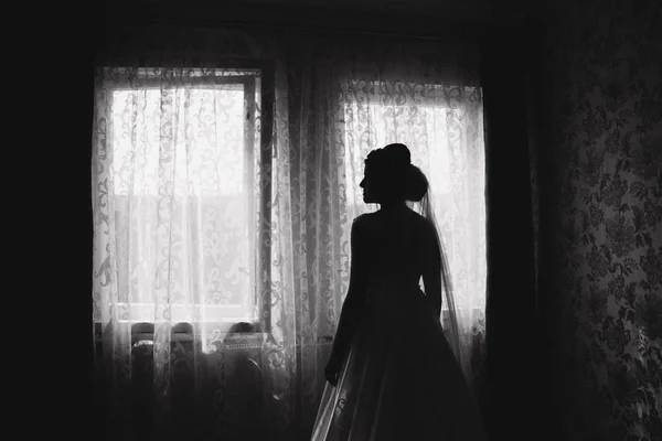 Bájos menyasszony stand előtt a ablak. Lány tétlenül az ablakban a szobájába. Fekete-fehér. Sziluettjét — Stock Fotó