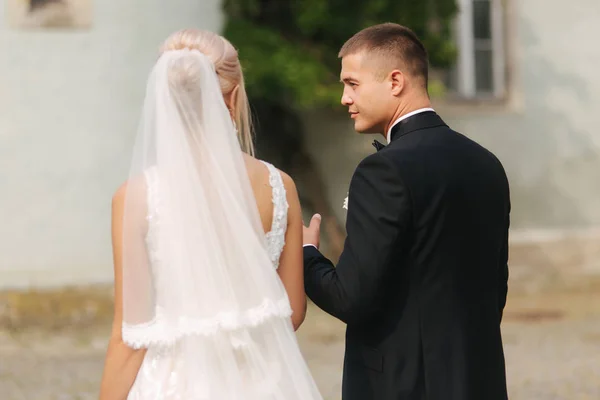 Back view of newlyweds walking in the park. elegant bride and handsome groom — Stock Photo, Image