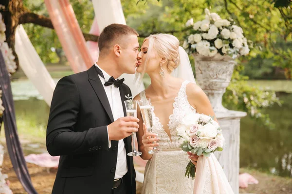 Apenas casal comemorar o fim da cerimônia de casamento Fundo da árvore gravada — Fotografia de Stock