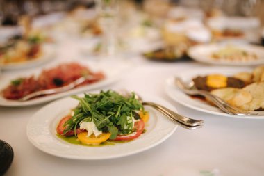 Masada restoranda taze salata. Ziyafet özeti. Domates, arugula, tavuk, avokado, parmesan, karides ile farklı salatalar