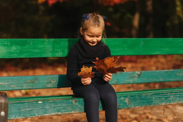 어린 소녀는 공원에서 잎을 가지고 놀고 있습니다. 숲의 배경 — 스톡 사진
