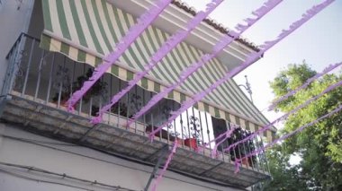 Yaz festivali ip İspanya. Güzel sokaklar. Pembe kurdeleler.