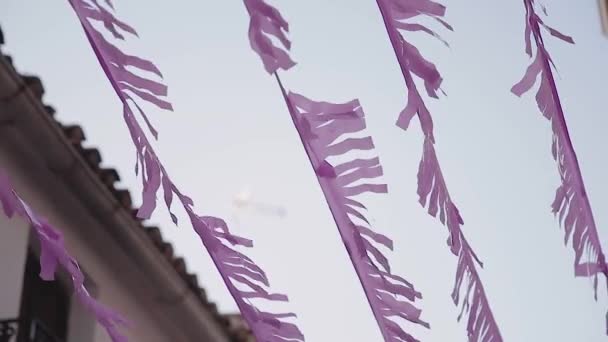 Summer festival ip spain. Beautiful streets .Pink ribbons. — Stock Video