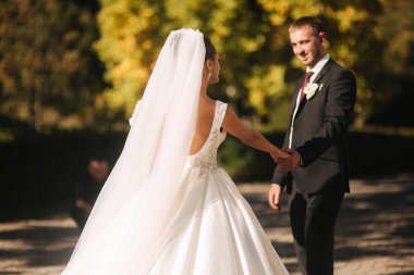 Güzel gelin kocası parkta. Sarı ağacın yanında yürüyorlar. Güzel makyaj