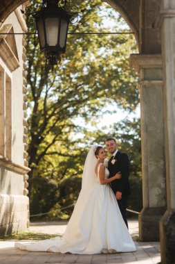 Parkta kocasıyla güzel bir gelin. Sarı ağacın arka planı. Mutlu çift