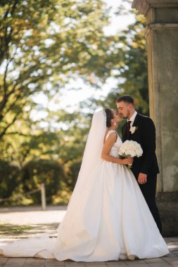 Parkta kocasıyla güzel bir gelin. Sarı ağacın arka planı. Mutlu çift