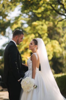 Parkta kocasıyla güzel bir gelin. Sarı ağacın arka planı. Mutlu çift