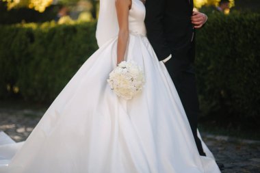 Parkta kocasıyla güzel bir gelin. Sarı ağacın arka planı. Mutlu çift