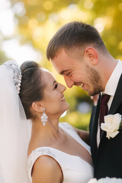 Hermosa novia con su marido en el parque. Fondo del árbol amarillo. Una pareja feliz. Aplastar el retrato — Foto de Stock