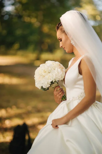 Primo piano del bouquet da sposa nelle mani delle spose — Foto Stock