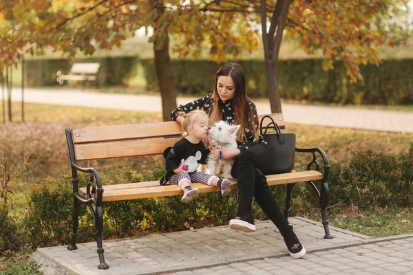 Madre felice e sua figlia che giocano con il cane nel parco autunnale. Famiglia, animale domestico, animale domestico e concetto di stile di vita. Ora d'autunno. Madre e figlia sedute sulla panchina — Foto Stock