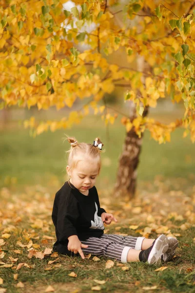 Портрет маленької дівчинки, що ходить у цій частині восени. Блондинка перукаря-жінка на вулиці. Тепла осінь — стокове фото