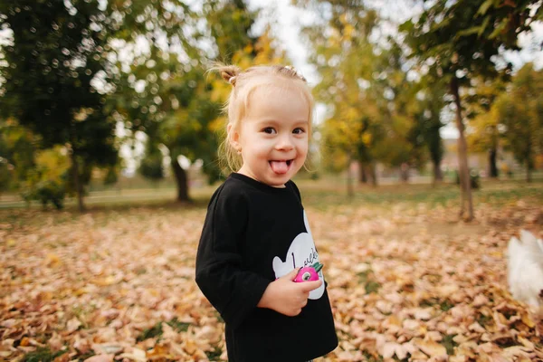 Fröhliches kleines Mädchen, das im Herbst im Park spazieren geht. schöne weibliche Kind auf gelbem Hintergrund — Stockfoto