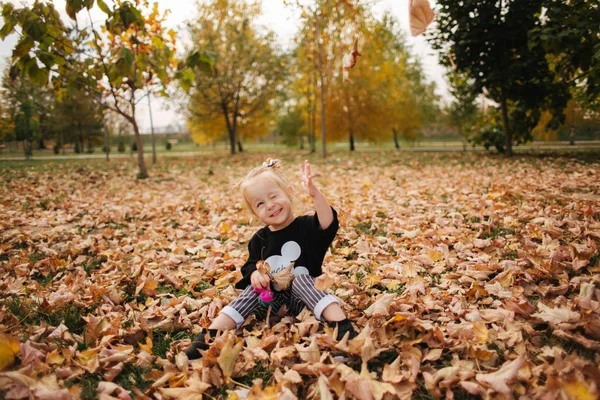 Πορτρέτο του μικρού κοριτσιού που περπατάει στο μέρος το φθινόπωρο. Ξανθά μαλλιά, θηλυκό παιδί έξω. Ζεστό φθινόπωρο — Φωτογραφία Αρχείου
