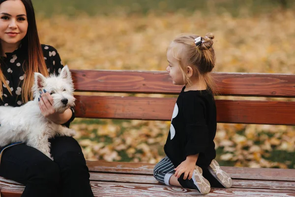 Мать и маленькая дочь гуляют с собакой в осеннюю погоду. Стильная маленькая дочь и ее прекрасная мать. Счастливого детства. Портрет счастливой семьи на улице . — стоковое фото