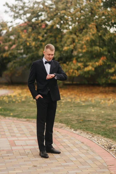 Schöner Bräutigam im Hochzeitsanzug draußen, Herbst. Hintergrund des gelben Baumes. Mann im schwarzen Anzug mit schöner Krawattenfliege — Stockfoto