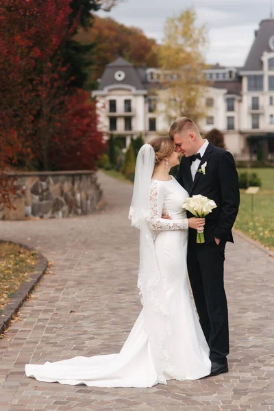 Elegante coppia passeggiando nel parco il giorno del loro matrimonio. Gli sposi felici fuori nel tempo di autunno. Fondo di foglie gialle e rosse — Foto Stock