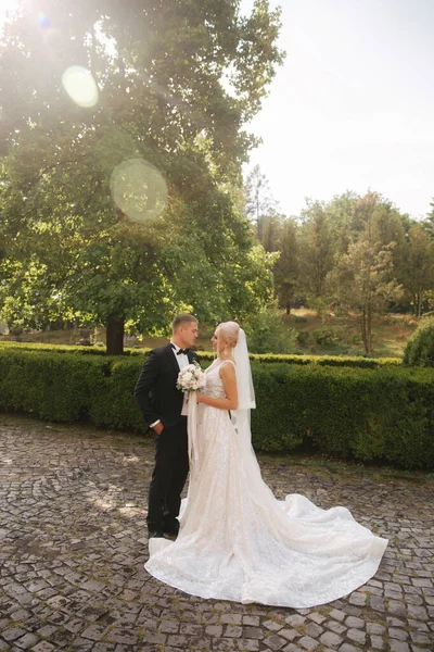 Schöner Bräutigam umarmt seine schöne Braut. Frischvermählte beim Spaziergang im Park. Frau mit blonden Haaren im eleganten Brautkleid — Stockfoto