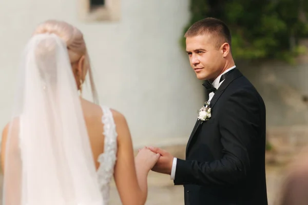 Back view of newlyweds walking in the park. elegant bride and handsome groom — Stock Photo, Image