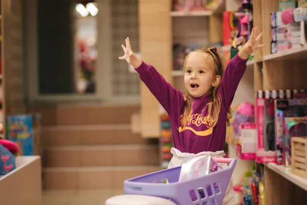 Niña con carrito de compras pequeño en el centro comercial para niños. Chica feliz elegir qué comprar en la tienda de juguetes — Foto de Stock