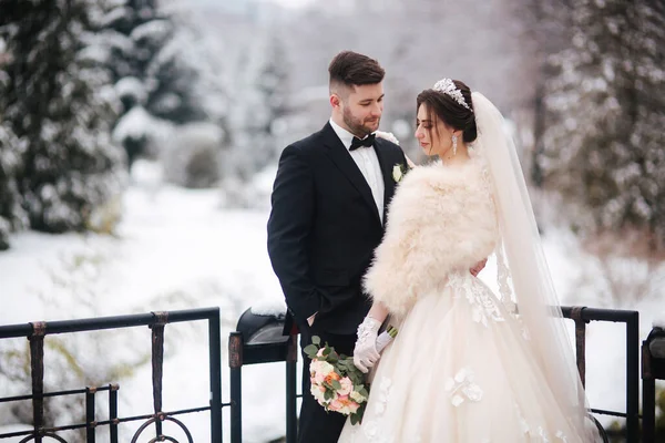 Frischvermählte im Wittershauser Park spazieren. Schöner Bräutigam und schöne Braut, umgeben von Schnee. Winterhochzeit — Stockfoto