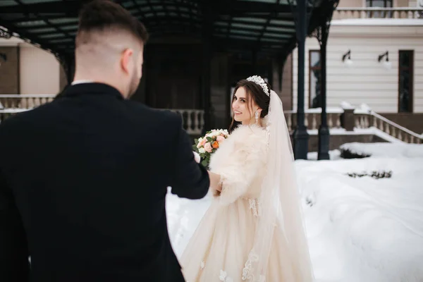 Nygifta i häxparken går omkring. Snygg brudgum och vacker brud omgiven av snö. Vinterbröllop — Stockfoto