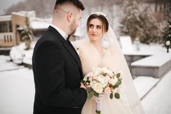 Novomanželé ve Witer Parku se procházejí. Hezký ženich a krásná nevěsta obklopená sněhem. Zimní svatba — Stock fotografie