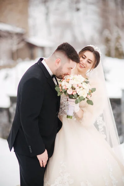 Recién casados en Witer Park están caminando. Guapo novio y hermosa novia rodeada de nieve. Boda de invierno — Foto de Stock