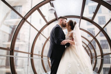 Damat ve gelin cam tünelde yürüyor. Mutlu yeni evliler, düğün günlerinde. Dışarıda kış var.