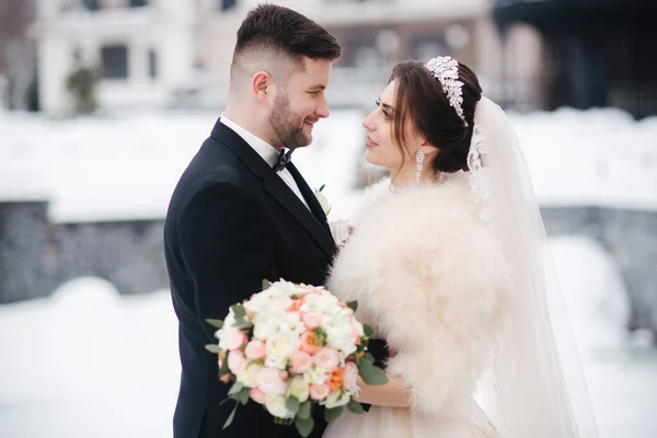 Wedding couple in winter time walking outside. Beautiful bride and handsome bearded groom