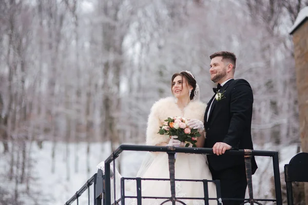 Elegante bruid in witte bontjas staan met knappe bebaarde bruidegom voor besneeuwde bomen — Stockfoto