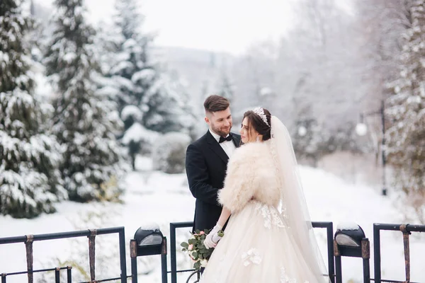 Elegant bride in white fur coat stand with handsome bearded groom in front of snow covered pine trees — Stock Photo, Image