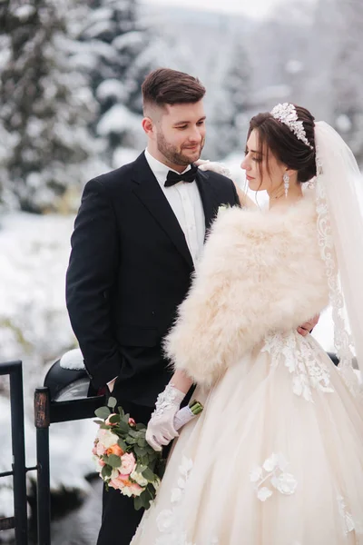 Elegáns menyasszony fehér szőrme kabát állni jóképű szakállas vőlegény előtt hóval borított fenyők — Stock Fotó