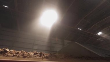 Çalışan ve kum taşıyan makineler. Endüstrideki taşıma bandı, seramik fabrika ekipmanları, taşıyıcıdaki kilin taşınması.