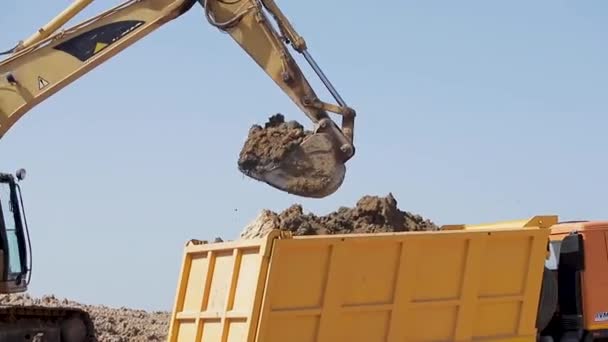 Ein Bagger gräbt Kohle aus und gießt sie in einen großen Kipper — Stockvideo